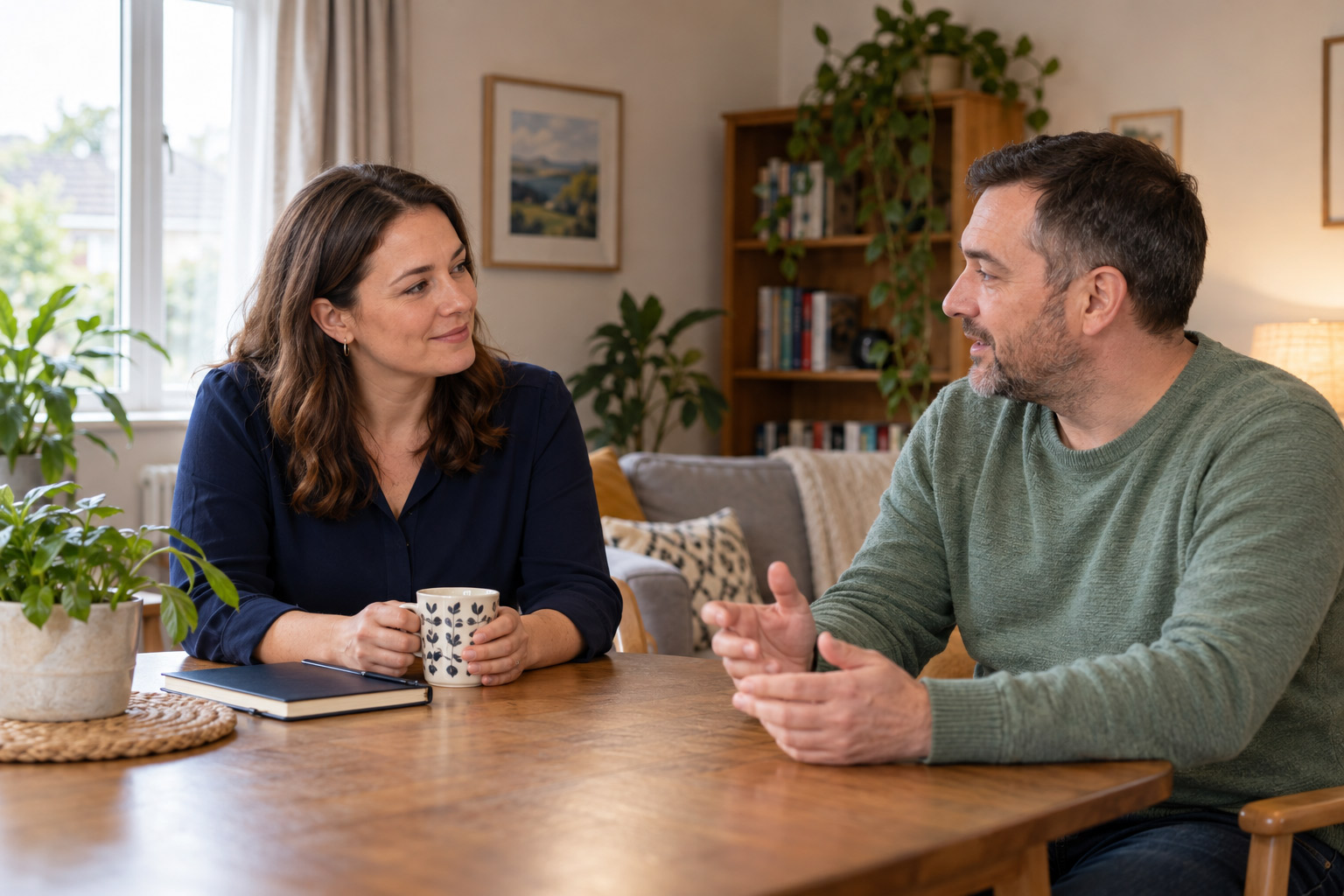 Two people talking together in a comfortable home setting